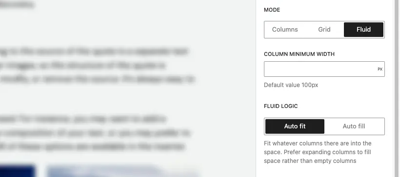 The fluid grid panel controls