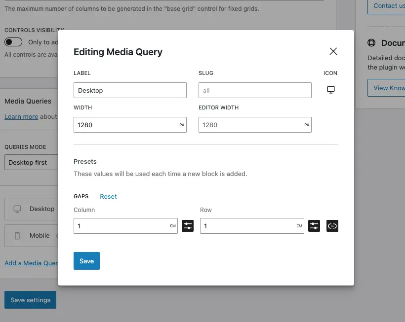 The media queries settings page
